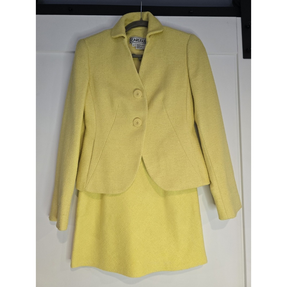 Vintage Carlisle Bright Yellow 100% Silk Tweed Skirt Blazer Suit Set 0 XS 90s